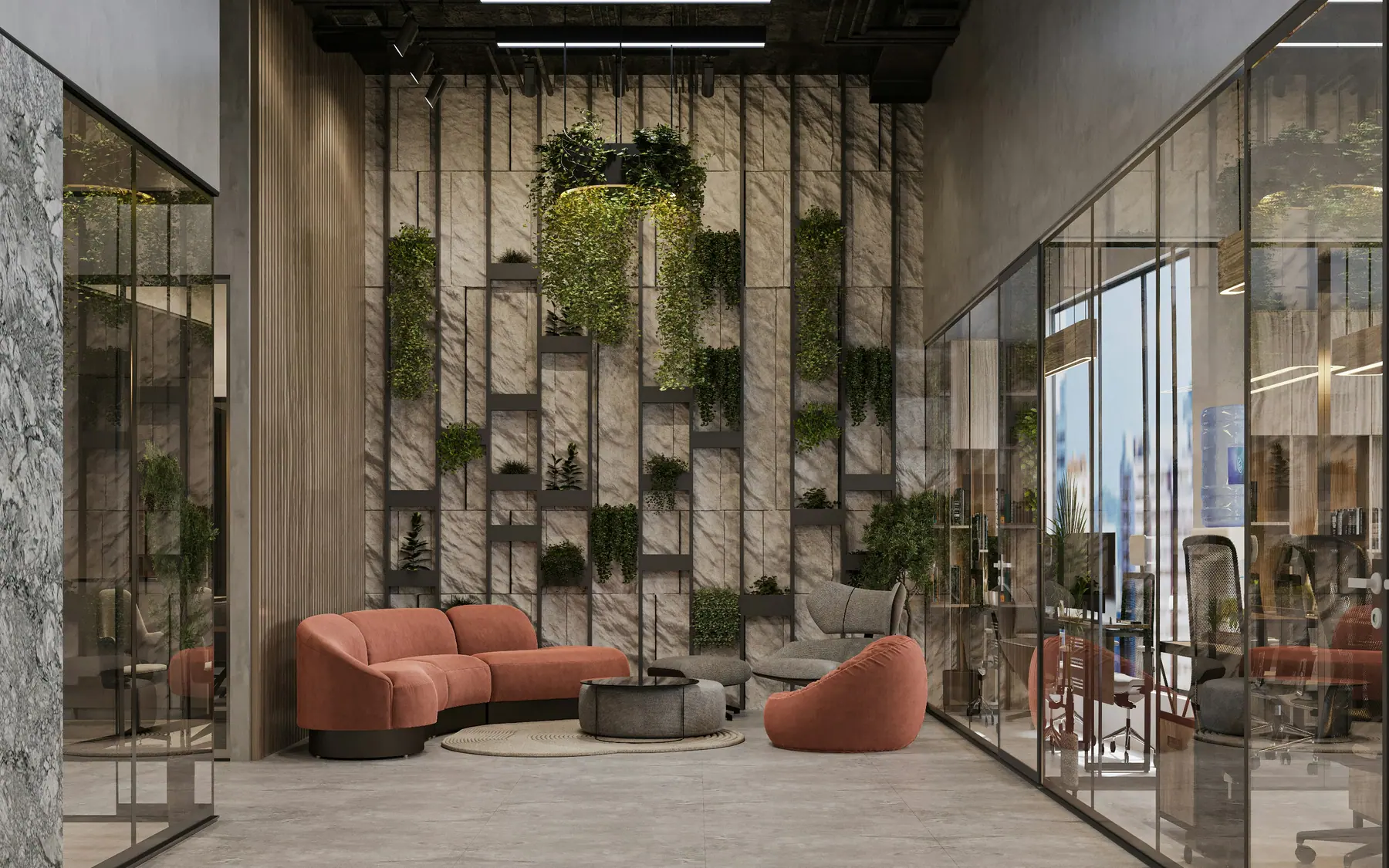 Modern retail lounge with a green wall and terracotta sofas